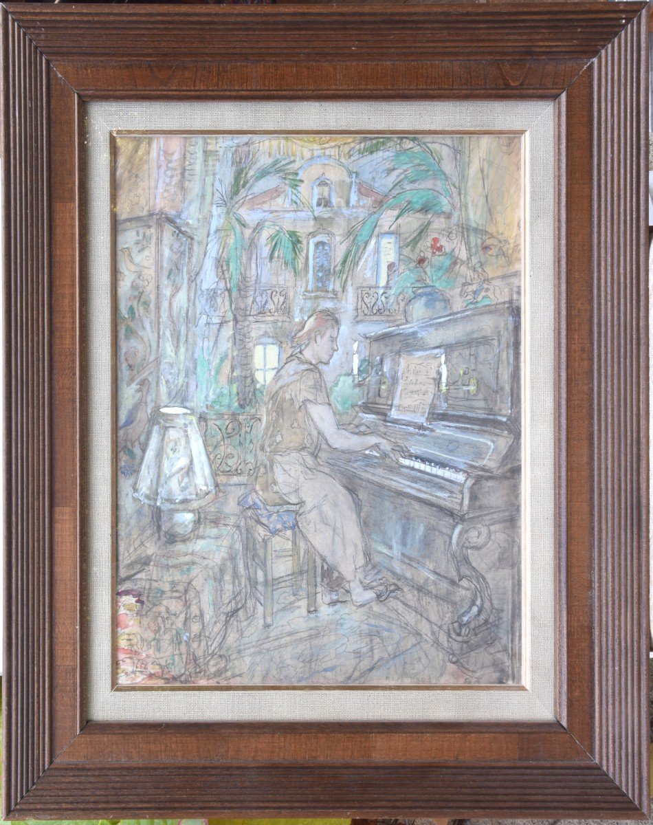 Ethel MARS "La pianiste" aquarelle gouachée 43x35